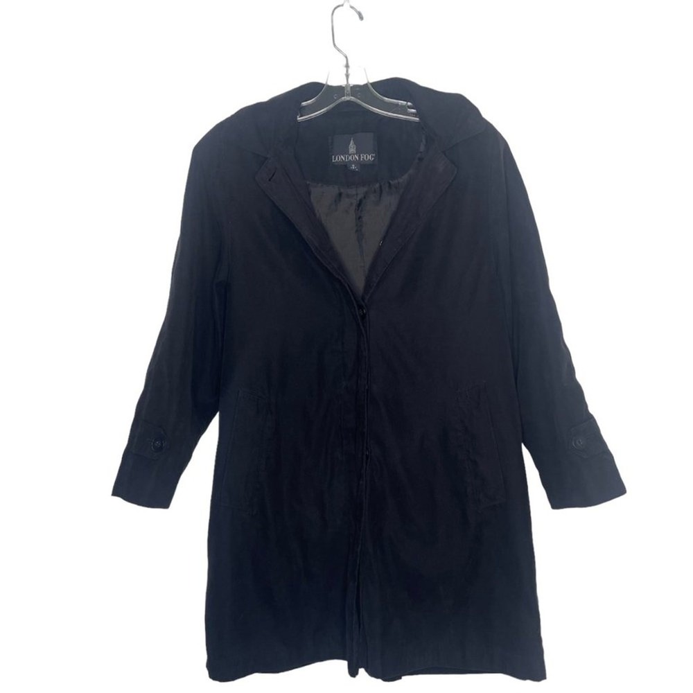 London Fog Womens Black Hooded Trench Coat Petite Small Button Front Jacket
